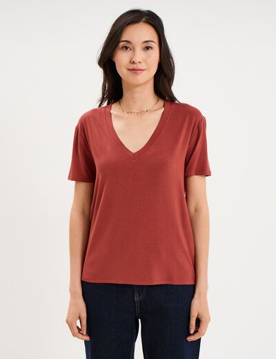 T-shirt fluide col en V manches courtes rouge fonc&eacute; femme