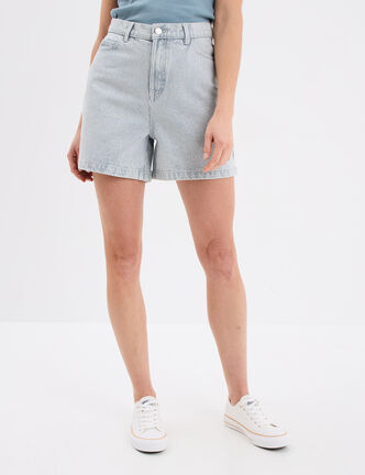 Short mom en jean 5 poches coton denim bleach femme