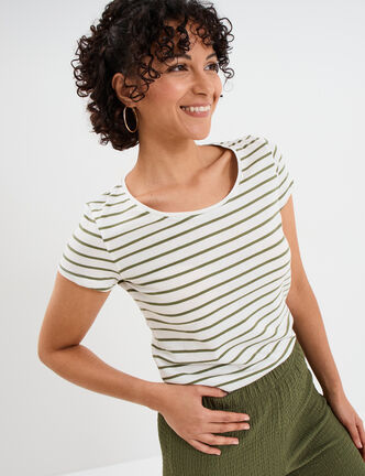 T-shirt rayé manches courtes ecru femme