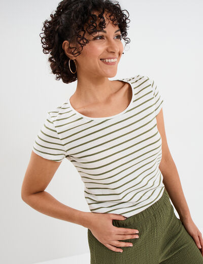 T-shirt rayé manches courtes ecru femme