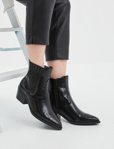 Bottines santiags aspect croco à talons noir femme