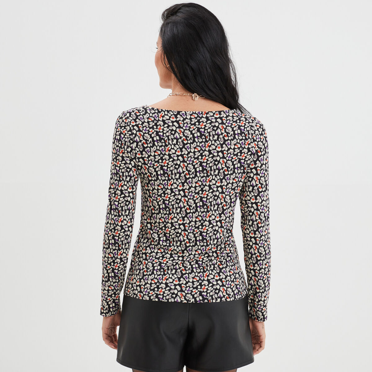 T-shirt col en V manches longues noir femme