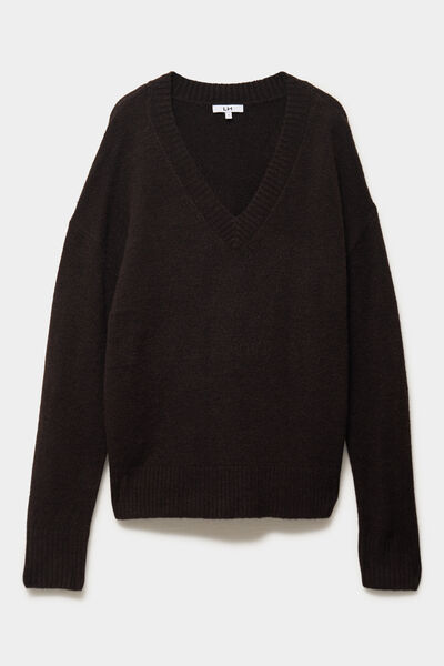 Pull col en V manches longues marron fonc&eacute; femme