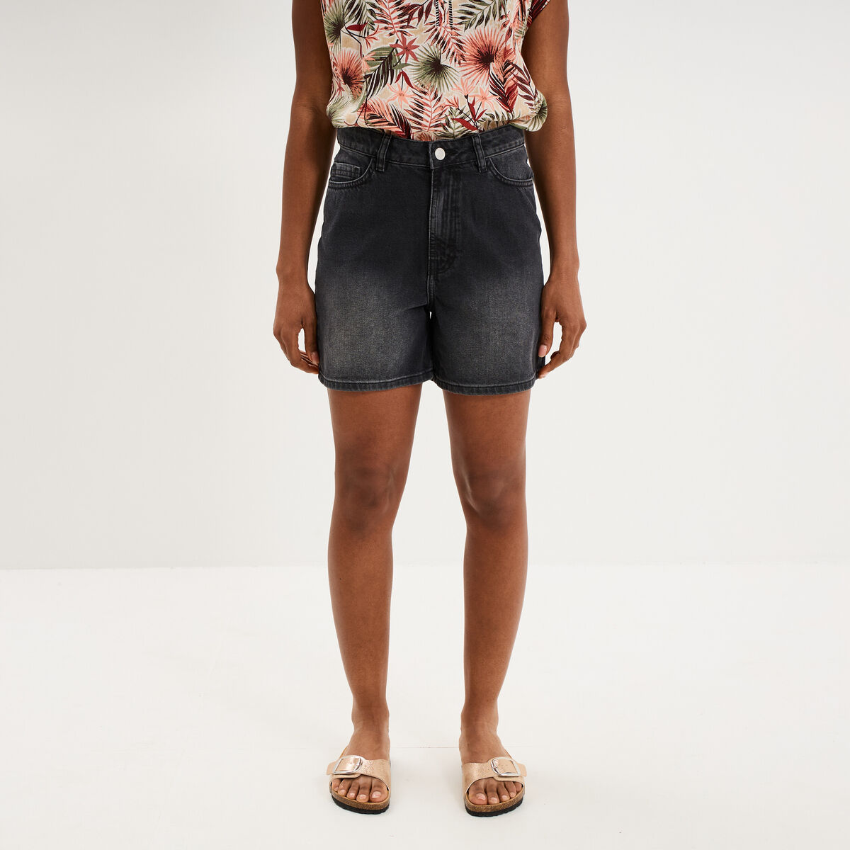 Short mom en jean 5 poches denim noir femme