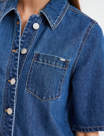 Robe chemise manches courtes en jean denim stone femme