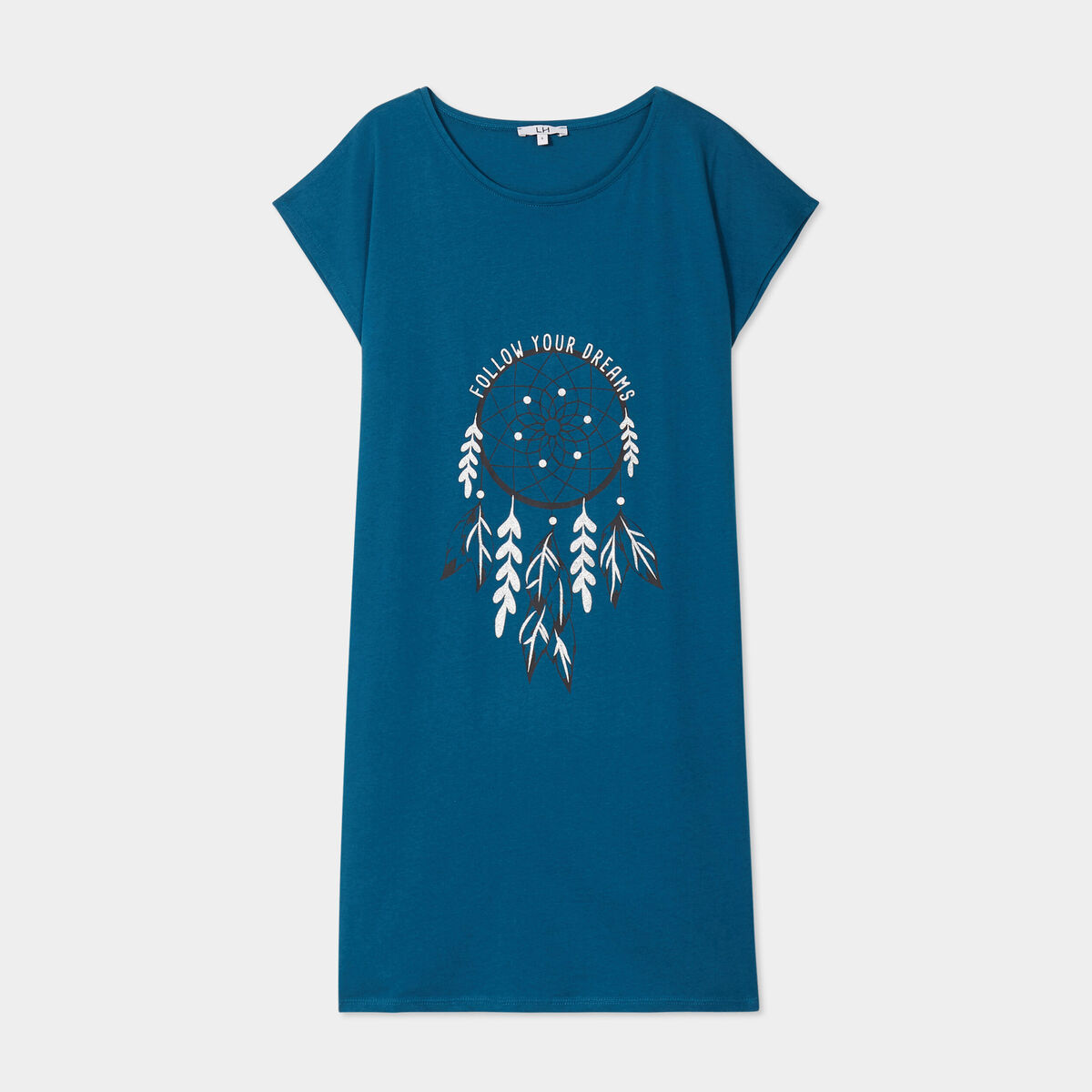 Chemise de nuit courte col rond bleu canard femme