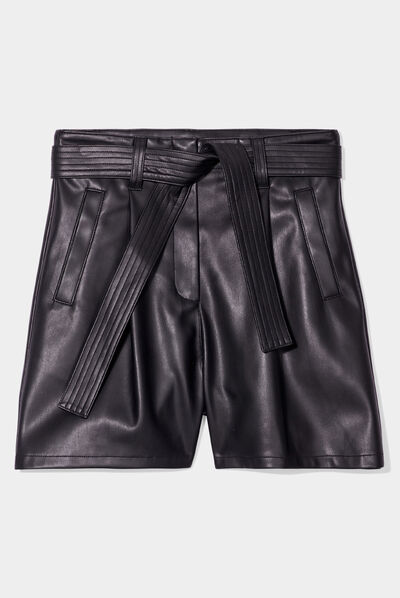 Short simili cuir large ceinturé noir femme