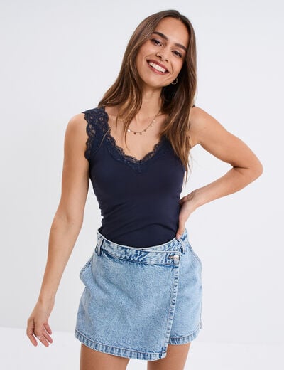 Débardeur ajusté détail dentelle bleu marine femme
