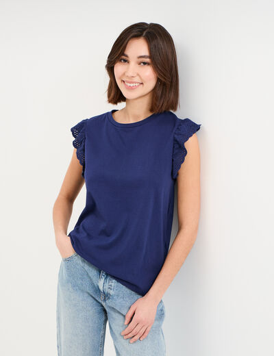 D&eacute;bardeur volants broderie anglaise bleu fonc&eacute; femme