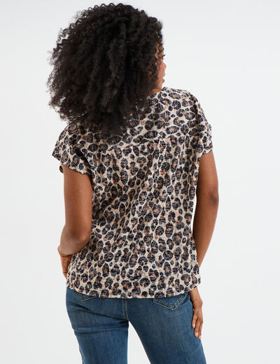 T-shirt col en V manches courtes beige femme