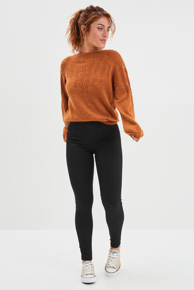 Pull manches ballons détails ajourés marron cognac femme