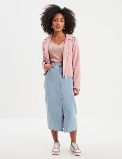 T-shirt col v poche poitrine Creeks rose poudrée femme