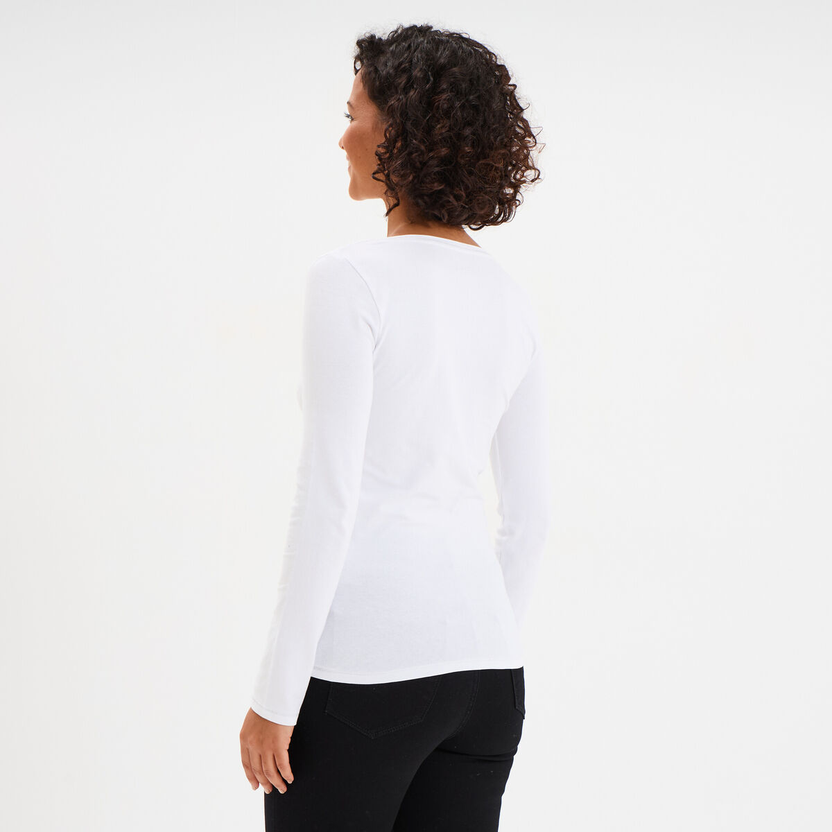T-shirt manches longues col en V coton blanc femme