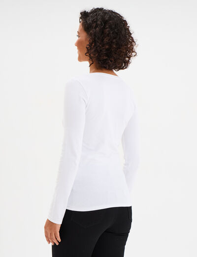 T-shirt manches longues col en V coton blanc femme