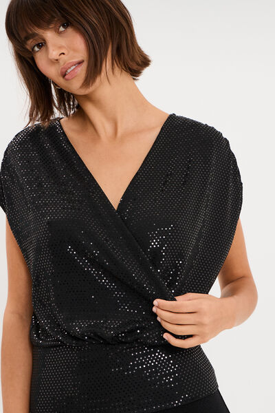 T-shirt &agrave; paillettes col cache-coeur noir femme
