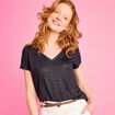 T-shirt col en V manches courtes bleu fonc&eacute; femme