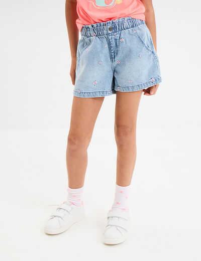 Short en jean brodé coton denim triple stone fille