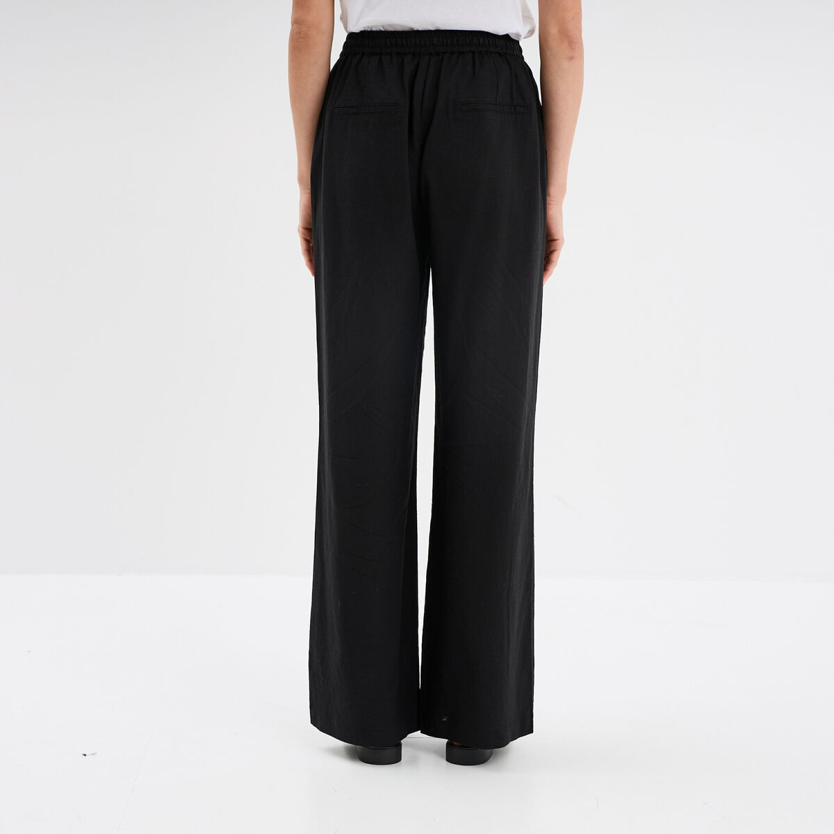 Pantalon large lin mélangé noir femme