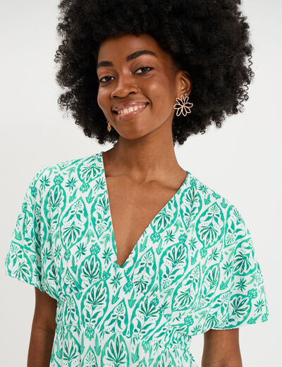 Robe longue gaufr&eacute;e manches courtes ecru femme
