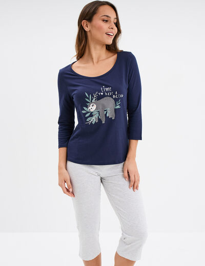 Ensemble pyjama corsaire 2 pièces coton bleu marine femme