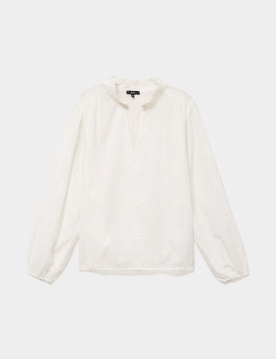 Blouse brod&eacute;e manches longues coton blanc femme