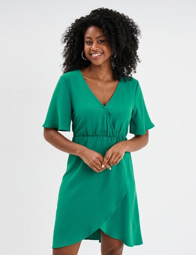 Robe courte effet portefeuille fluide vert femme
