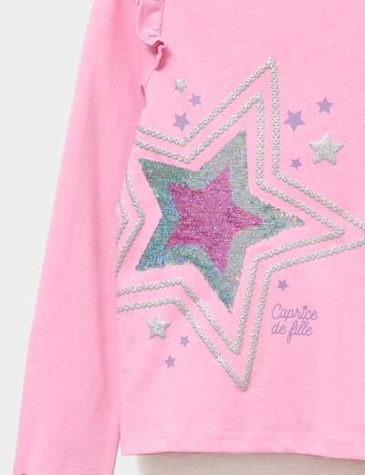 T-shirt volants et sequins coton rose fille