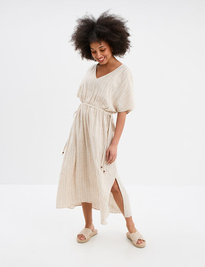 Robe midi cordons taille évasée beige femme