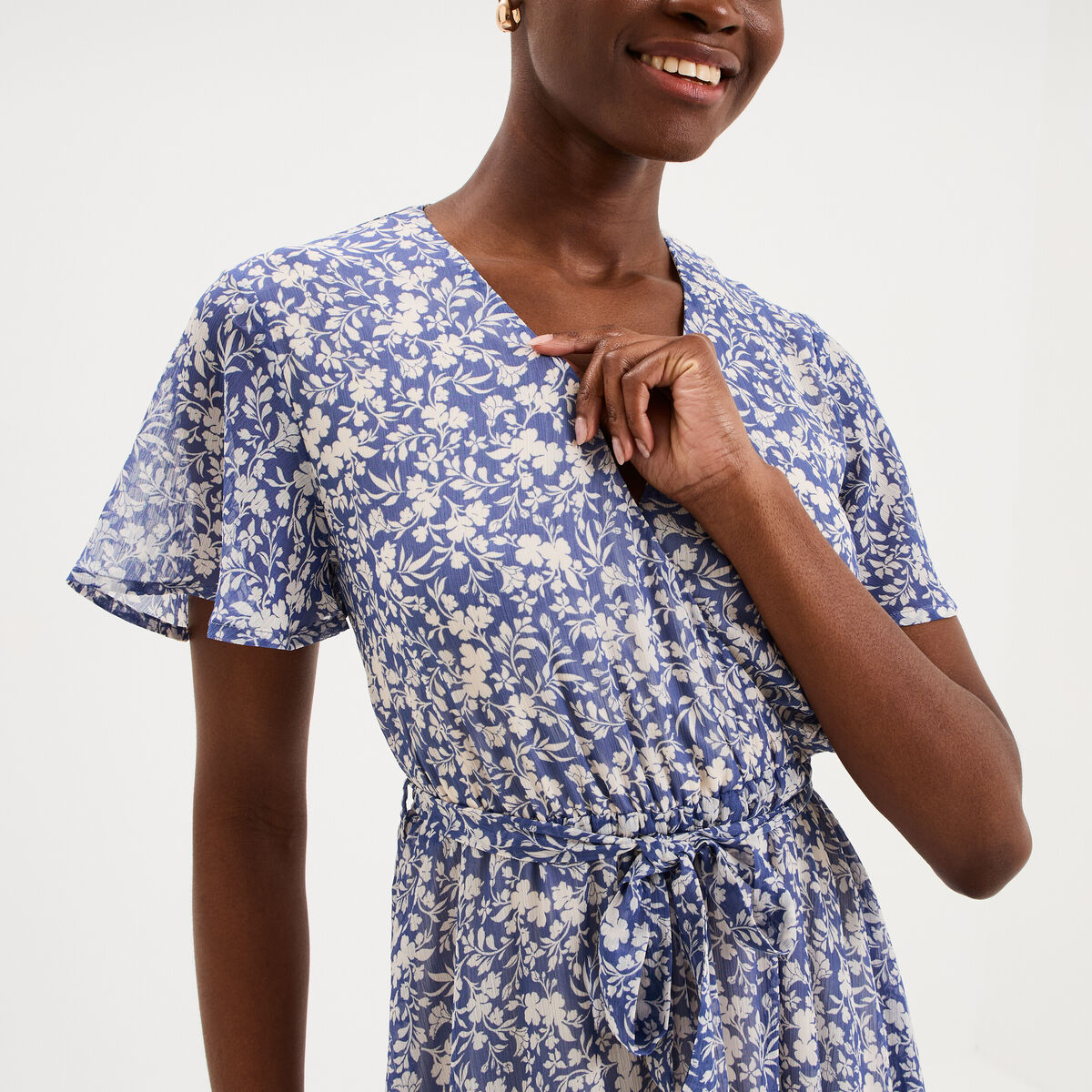 Robe longue &eacute;vas&eacute;e col cache-coeur bleu femme