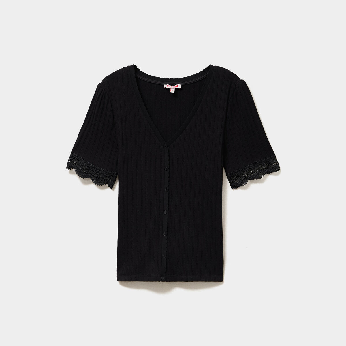 T-shirt c&ocirc;tel&eacute; avec dentelle et boutons noir femme