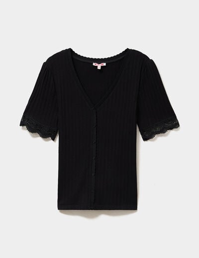 T-shirt c&ocirc;tel&eacute; avec dentelle et boutons noir femme