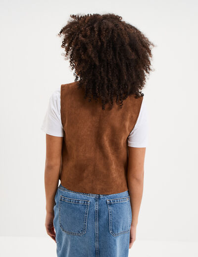 Veste sans manches brod&eacute;e en su&eacute;dine marron femme