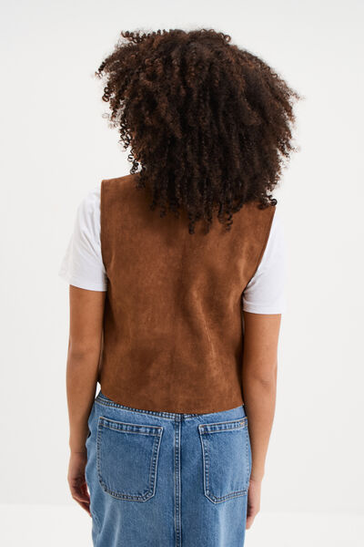 Veste sans manches brod&eacute;e en su&eacute;dine marron femme