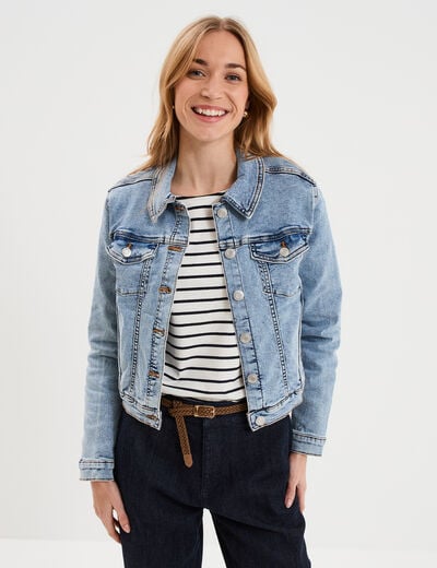 Veste en jean ajust&eacute;e boutonn&eacute;e denim double stone femme