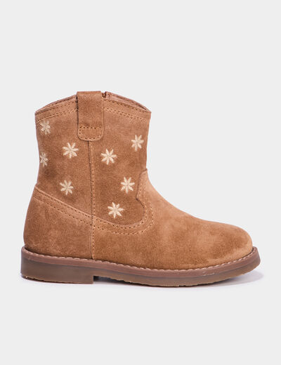 Boots brodées en cuir camel fille