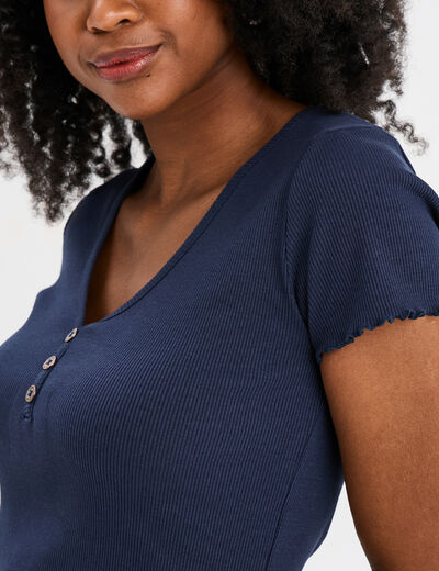 T-shirt court effet côtelé col en V bleu marine femme