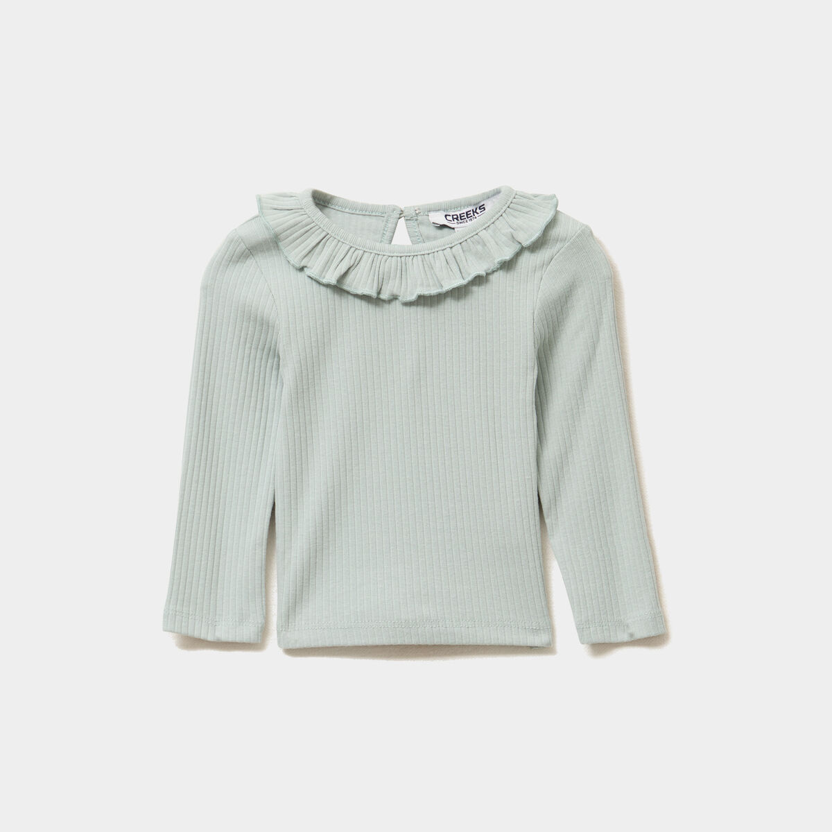 T-shirt côtelé col à volants vert pastel bébé fille