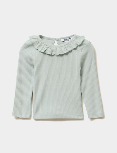 T-shirt côtelé col à volants vert pastel bébé fille