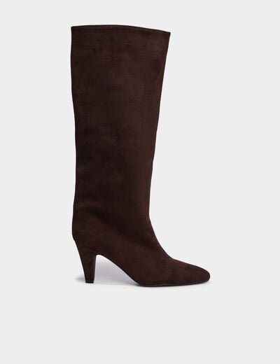 Bottes hautes su&eacute;dine kitten heels 5 cm marron fonc&eacute; femme