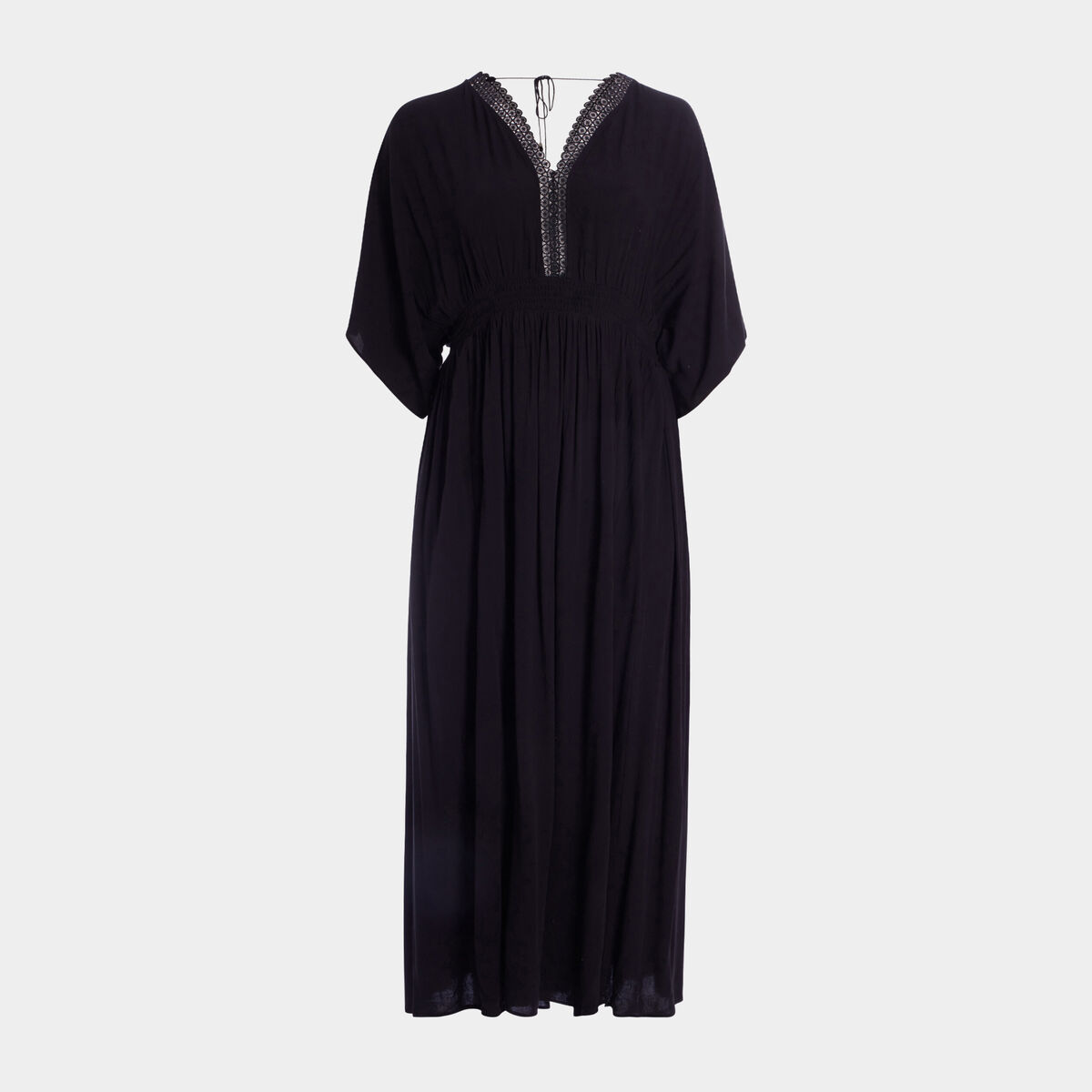 Robe longue droite fluide taille smockée noir femme grande taille
