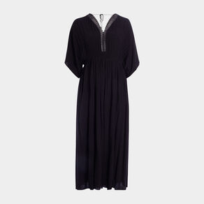 Robe longue droite fluide taille smockée noir femme grande taille