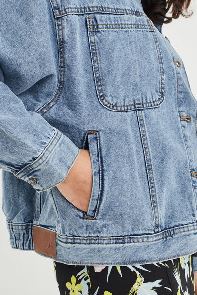 veste femme en jeans bleu délavé cintrée courte - Caprices de