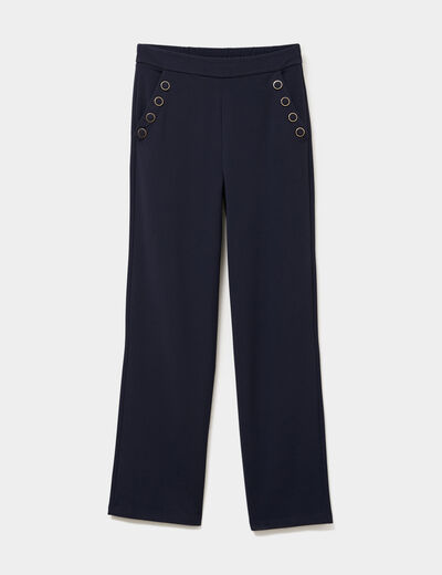Pantalon droit à pont taille élastiquée bleu foncé femme