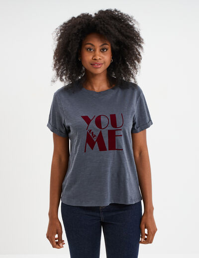 T-shirt manches courtes coton bleu gris femme