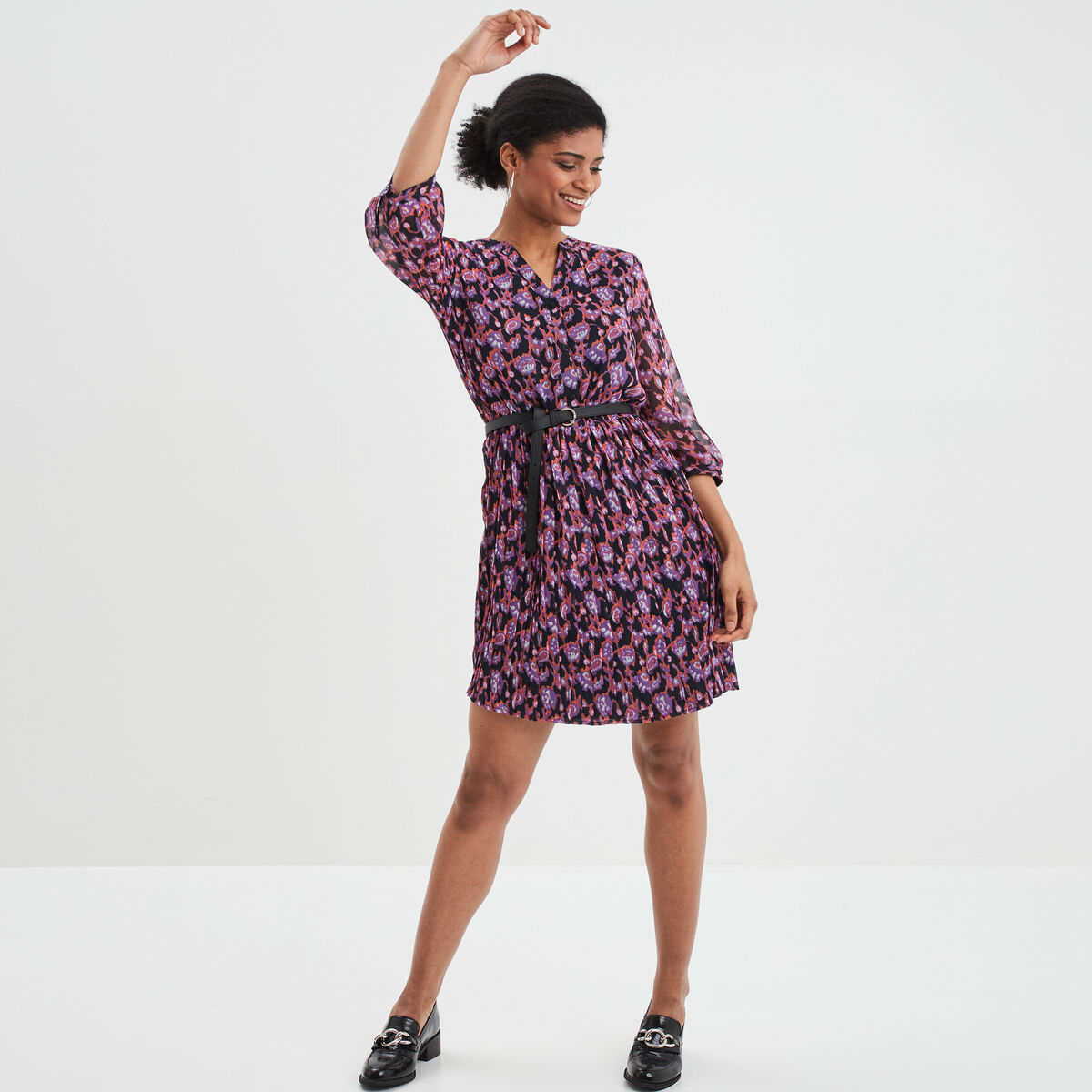 Robe évasée bas plissé manches 3/4 bleu marine femme