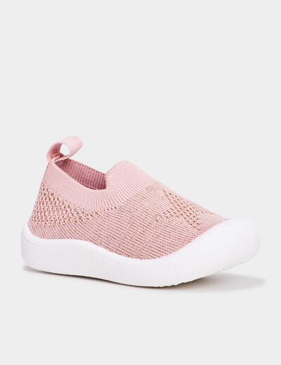 Chaussons tricot à bout rond rose bébé fille