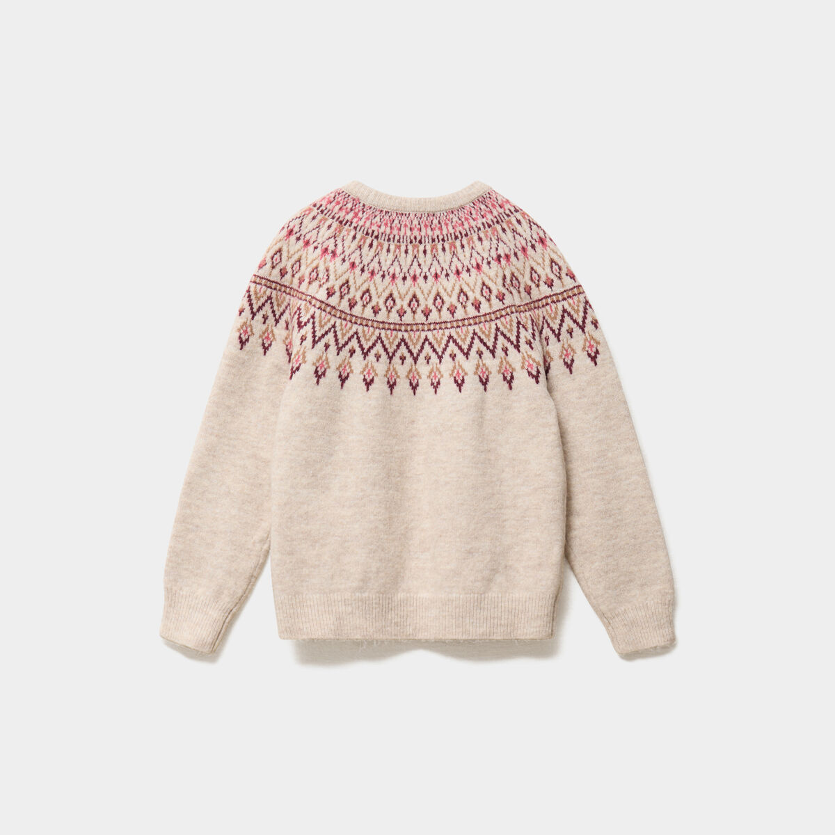 Pull jacquard col rond manches longues ecru fille