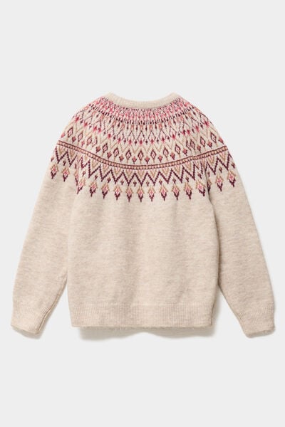 Pull jacquard col rond manches longues ecru fille