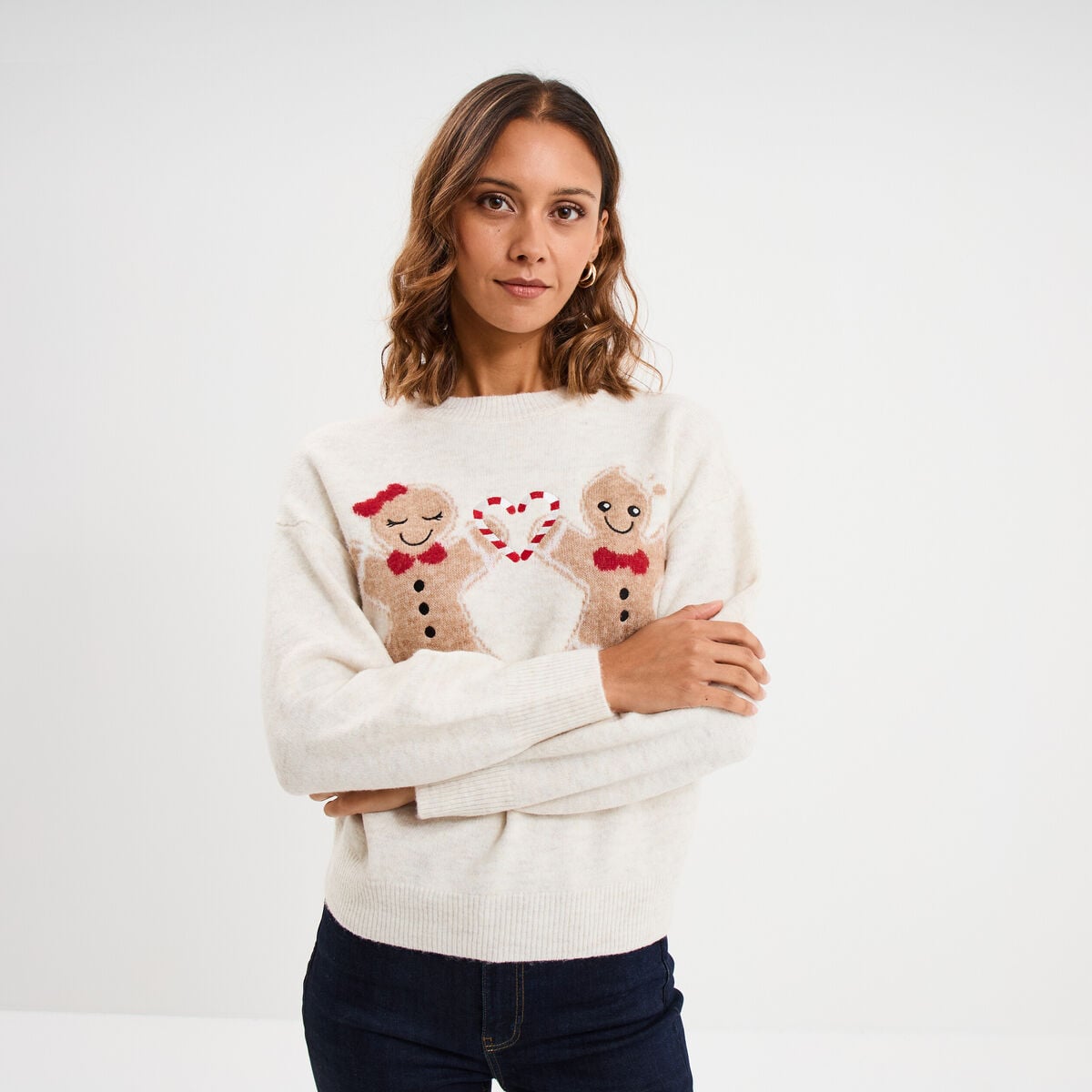 Pull de No&euml;l col rond sable femme