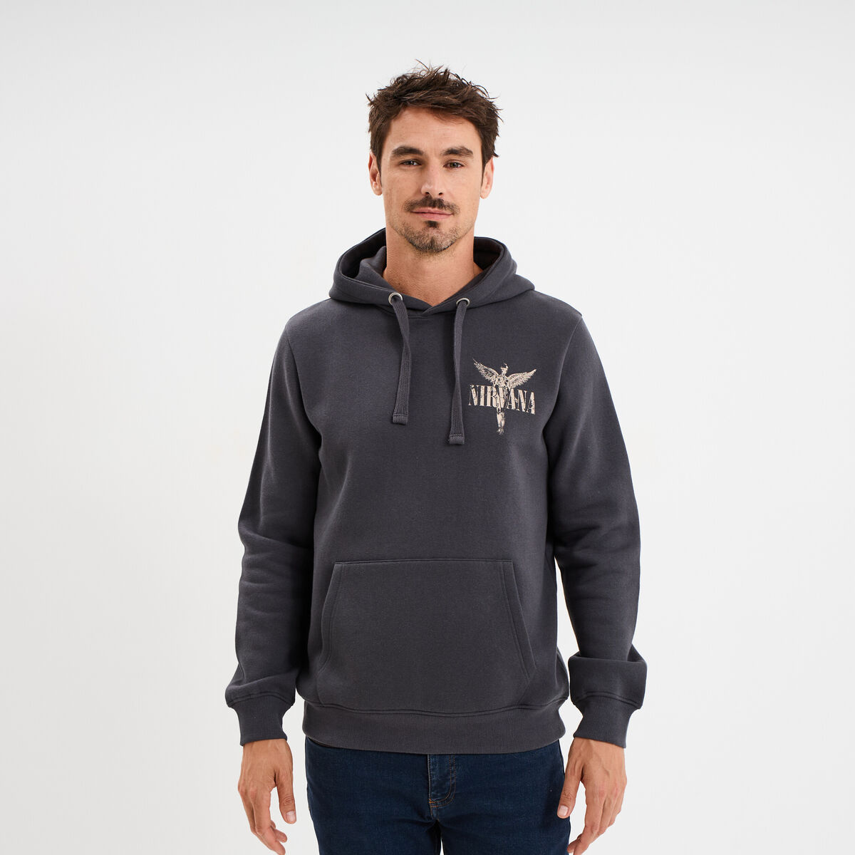 Sweat hoodie 1 poche Nirvana gris fonc&eacute; homme